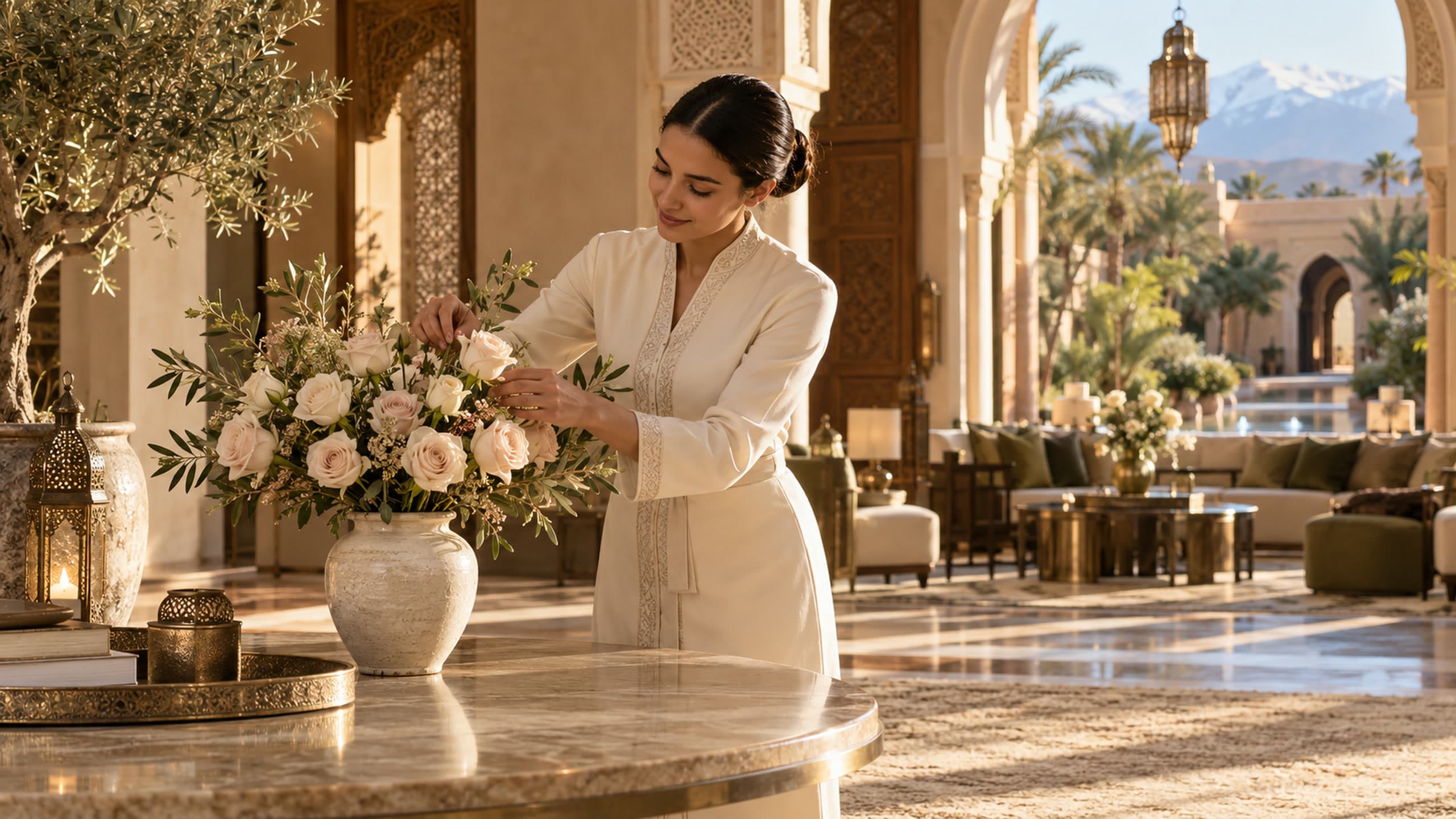 Arranging fresh roses in the lobby