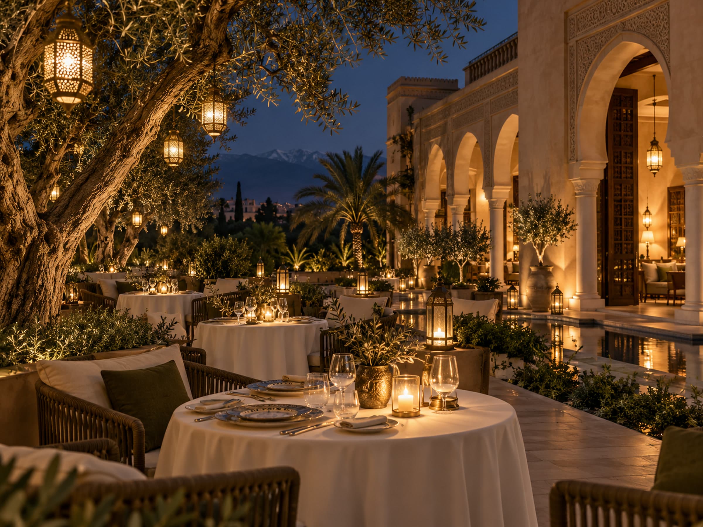 Candlelit restaurant terrace beneath olive trees