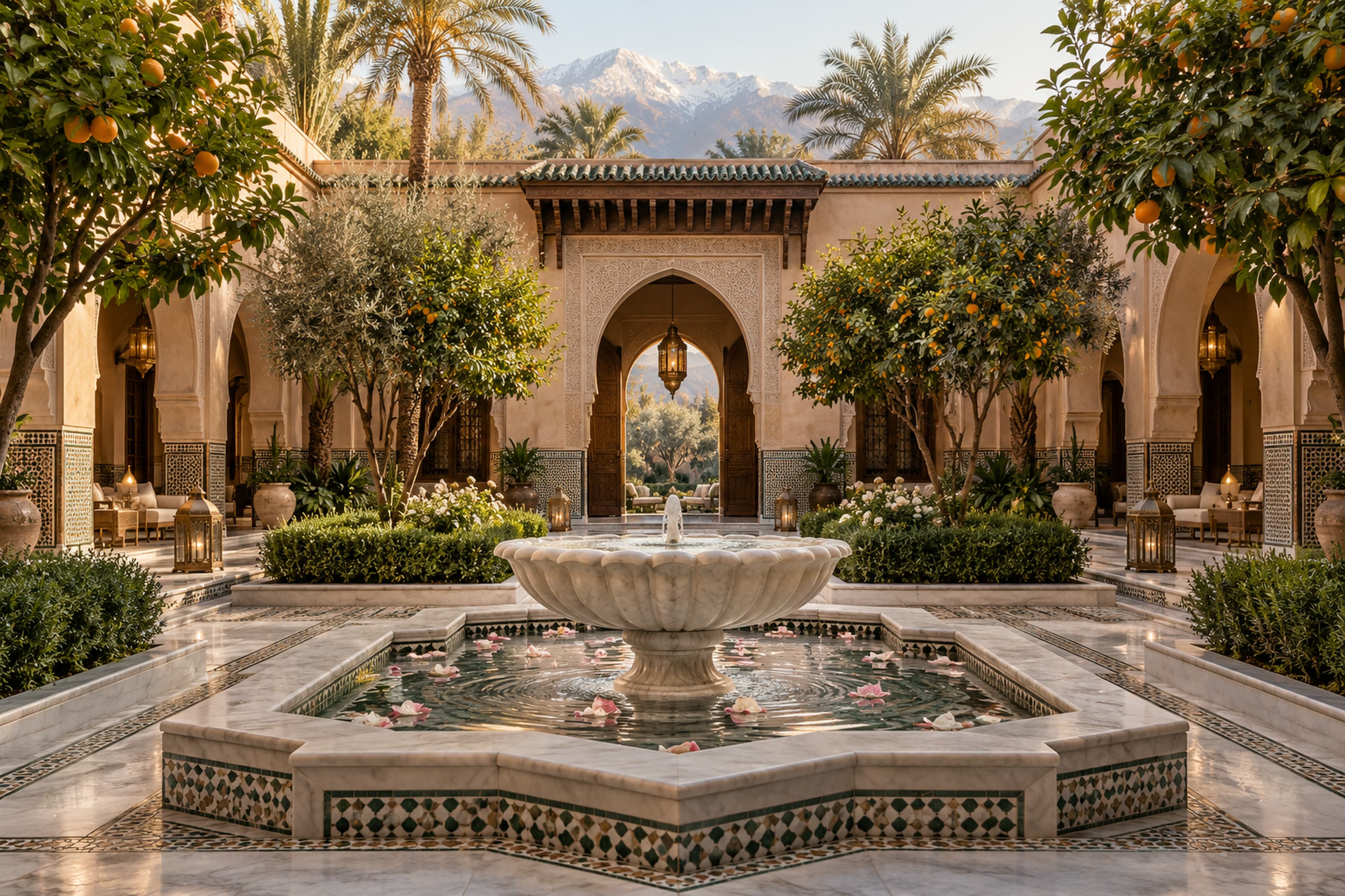 Riad courtyard fountain with rose petals