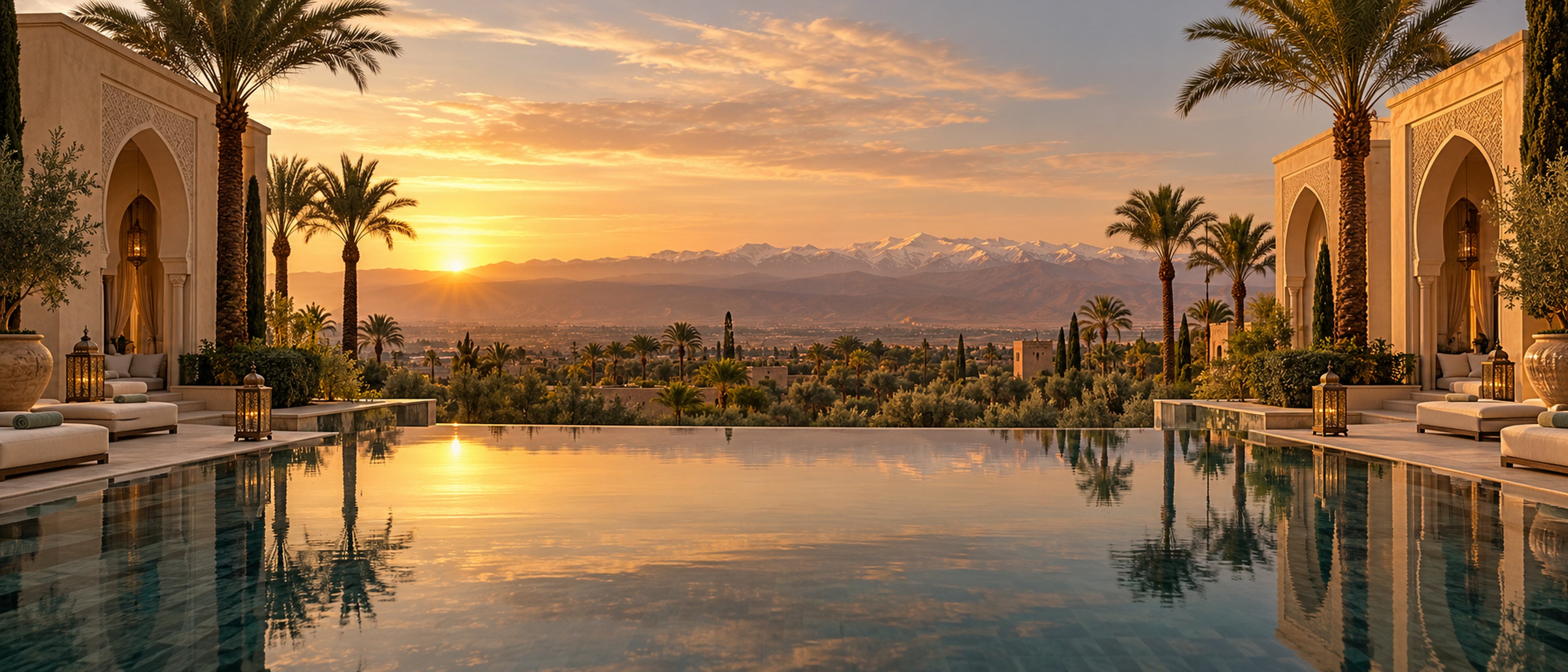 Infinity pool at Aurevia Palace facing the Atlas mountains at sunset
